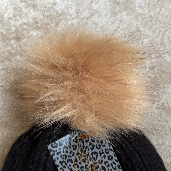 Brand New Baby Phat Black Knit Faux Fur Pom Hat Gold Metallic Embroidery Cuffed main image 9